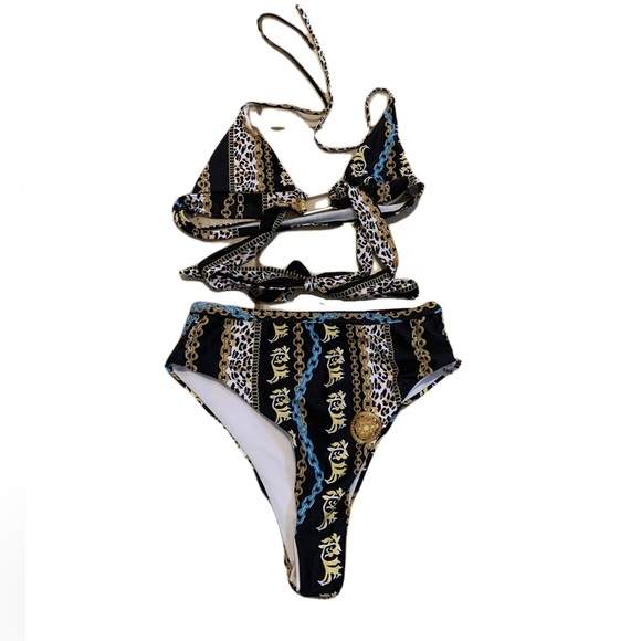 💛 Shein Gold Chain and Leopard Print High-Waisted Bikini Set - Size Medium - Picture 1 of 9